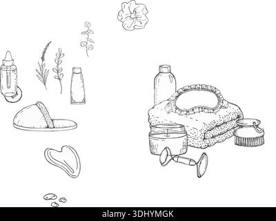 Ink illustration of spa eye mask with candle and cosmetic jar, hand drawn graphic line art for wellness branding, beauty packaging or relaxation conce Stock Vector