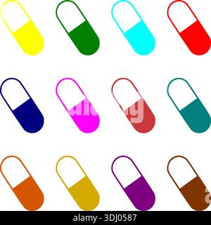 Set of multicolored medical capsule icons in various bright colors for healthcare pharmacy and medicine Stock Vector