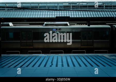 Tokyo Subway Train Arriving at Blue Platform Station Stock Photo