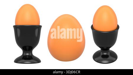 Brown eggs in black egg cups isolated on white background, concept of breakfast or food presentation. Stock Photo