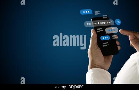 Chat interface automation concept with AI chatbot conversation and typing bubbles on smartphone screen, man interacts copy space customer support serv Stock Photo