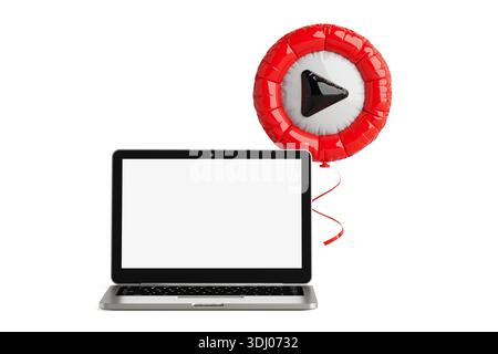 Digital Media And Online Streaming Concept. Laptop With Blank Screen And Red Play Button Balloon Floating On White Background With Clean Composition. Stock Photo