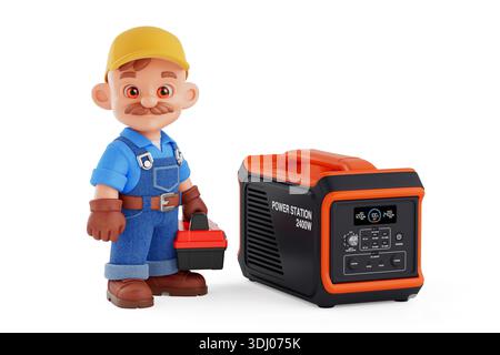 Portable Power Backup And Repair Service Concept. Cartoon Technician With Toolbox Inspecting Modern Power Station Generator On White Background. 3d Re Stock Photo