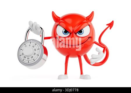 Security And Temptation Concept. Red Devil Cartoon Character Holding Combination Lock Symbolizing Risk Control And Forbidden Access On White Backgroun Stock Photo