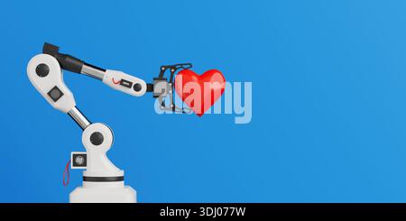 Artificial Intelligence Care Concept. Robotic Arm Holding Red Heart On Blue Background. 3d Rendering Stock Photo