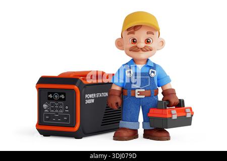 Portable Power Backup And Repair Service Concept. Cartoon Technician With Toolbox Inspecting Modern Power Station Generator On White Background. 3d Re Stock Photo
