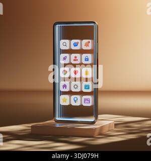 Futuristic Smartphone Interface Concept. Transparent Glass Mobile Phone With Colorful App Icons Floating On Screen, Minimal Pedestal Display And Warm Stock Photo
