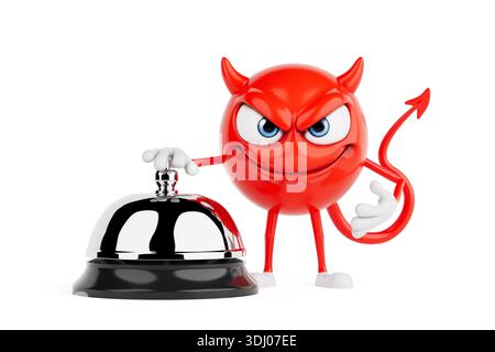 Service And Attention Concept. Red Devil Emoji Character Pressing Call Bell On White Background. 3d Rendering Stock Photo