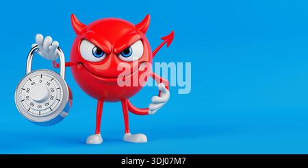 Security And Temptation Concept. Red Devil Cartoon Character Holding Combination Lock Symbolizing Risk Control And Forbidden Access On Blue Background Stock Photo