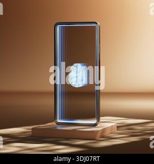 Digital Identity And Biometric Security Concept. Modern Smartphone With Glowing Fingerprint Scan On Minimal Podium Background extreme closeup. 3d Rend Stock Photo