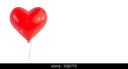 Love And Romance Concept. Red Heart Shaped Balloon Floating With String On White Background. 3d Rendering Stock Photo
