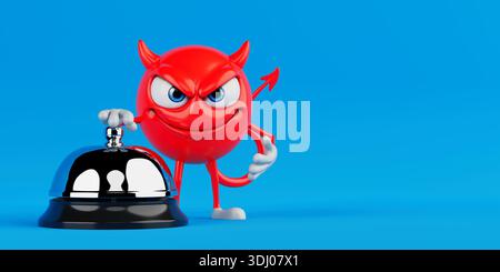 Service And Attention Concept. Red Devil Emoji Character Pressing Call Bell On Blue Background. 3d Rendering Stock Photo