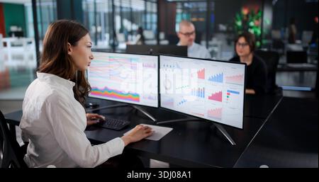 Skilled Business Analyst Team Analyzing Data Using Multiple Computers Stock Photo