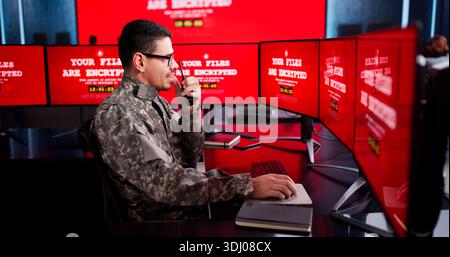 Chaos At Cyber Security Command Center As Ransomware Attack Strikes. Stock Photo