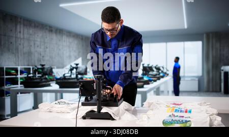 Young Man Operating Custom Digital Print T-shirt Press Machine In Workshop. Stock Photo
