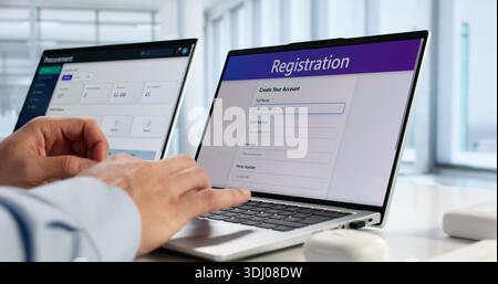 Young Hispanic Man Using Laptop To Fill Online Registration Form. Stock Photo