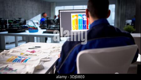 Young Hispanic Man Using Heat Press Machine To Print Custom T-shirts For His Brand Merchandise Store. Stock Photo