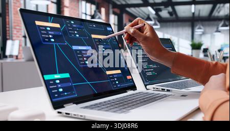 African American Woman Coding Node Editor Software For Blockchain Security. Stock Photo