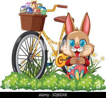 Vector illustration of a smiling rabbit holding an egg beside a bicycle on white background Stock Vector