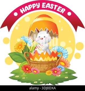 Cartoon white rabbit hatching from a colorful egg inside a basket with spring flowers Stock Vector