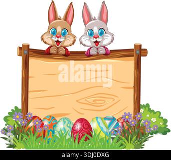 Vector illustration of two smiling rabbits behind a wooden board with decorated Easter eggs Stock Vector
