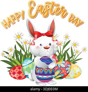 Vector illustration of a white rabbit with red bow, colorful eggs, and white daisies Stock Vector
