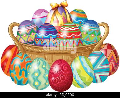 Vibrant vector illustration of patterned Easter eggs arranged inside and around a brown wicker basket Stock Vector