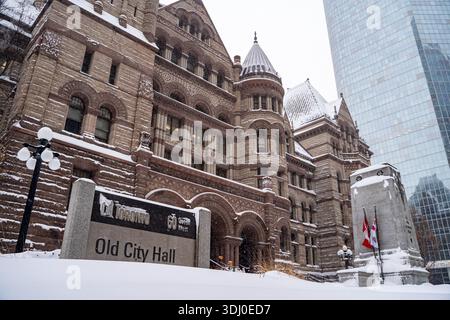 Winter storm view of Old City Hall in downtown Toronto. Toronto, Canada - February 16, 2025. Stock Photo