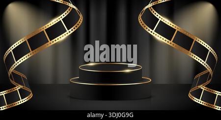 Round luxury black podium decorated with shiny golden rims and golden film strips. A platform for movie film premiere illuminated by spotlights Stock Vector