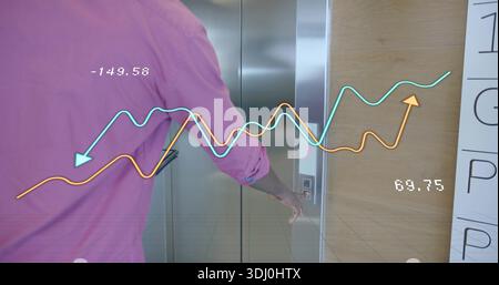 Pressing lift button man in pink-shirt with phone in lobby showing cyan orange data -149 Stock Photo