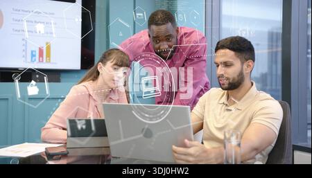 Collaborating three professionals in business attire reviewing laptop in meeting room, with HUD Stock Photo