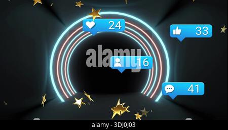 Forming cyan-pink ringed arches on shiny dark floor, blue icon bubbles and gold stars drifting Stock Photo