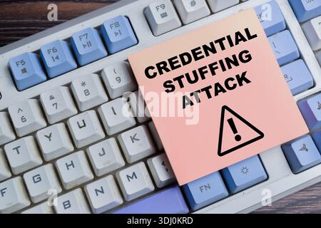 Concept of credential stuffing attack write on sticky notes isolated on Wooden Table. For cybersecurity protection against automated login abuse Stock Photo