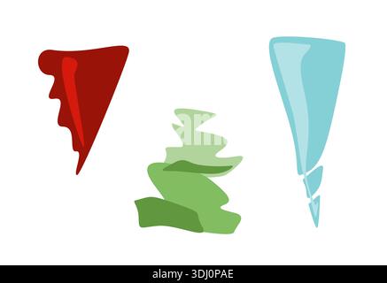 Tri-color minimal vector combination in red, green, and cyan triangular cone-like shapes. Organic soft curves, pure dynamic form. Logo concepts Stock Vector
