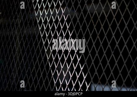 Morning Light Through Perforated Steel Gate, a photograph capturing sunlight filtering through a roof, casting striking shadows on a textured steel ga Stock Photo