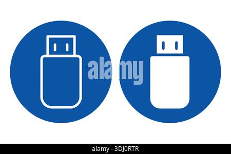 Two USB flash drive icons on blue circles, one in white and one in blue. Ideal graphic for technology, storage, and digital media concepts. Stock Vector