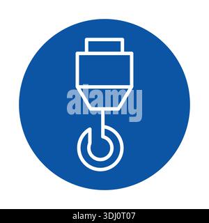 This minimalist icon represents a crane hook, symbolizing construction and industrial sectors. The design features a simple white outline on a blue ba Stock Vector