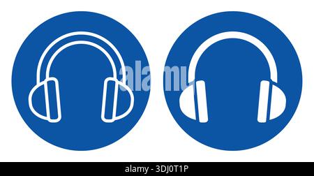Two minimalist headphone icons displayed on blue circles with a clean white background. Perfect for music, audio, and technology-related projects. Stock Vector