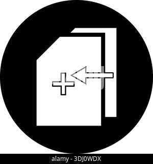 Minimalist white duplicate icon with plus sign and arrow on black circle background for file copying and document replication Stock Vector