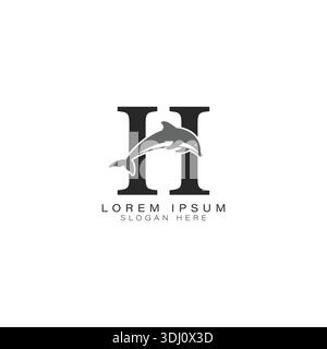 Letter H logo with Dolphin Art. Alphabet H Dolphin Icon Design Stock Vector