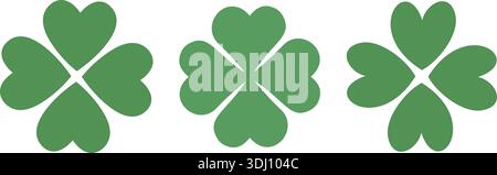Simple shape shamrock icon clipart set. Green clover flat vector illustration  Collection.. Transparent background. Stock Vector