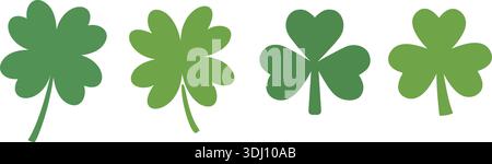 Simple shape shamrock icon clipart set. Green clover flat vector illustration  Collection.. Transparent background. Stock Vector