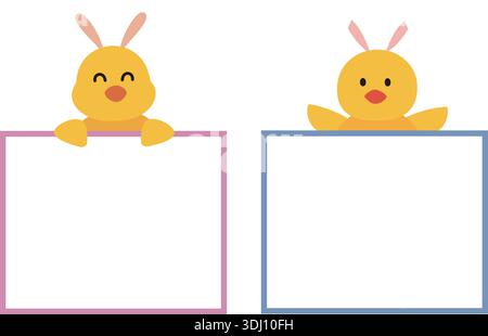 Cute Yellow Chick Holding Blank Sign Flat Vector Illustration Set. Adorable Baby Chick with Empty Frame Message Board Clipart. Stock Vector