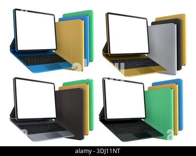 Multiple black-framed digital tablets stacked with colorful sheets, isolated on white background, concept of technology and modern devices Stock Photo