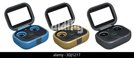 Flying photo and video yellow drone remote on white background. 3D rendering of device for delivery or aerial photography Stock Photo