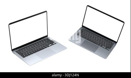 Set of laptops with blank white screens, displayed in angled views ...