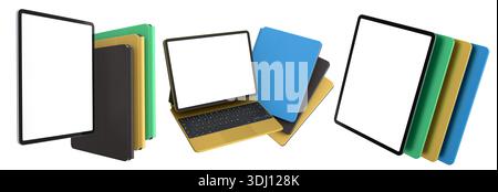 Multiple black-framed digital tablets stacked with colorful sheets, isolated on white background, concept of technology and modern devices Stock Photo