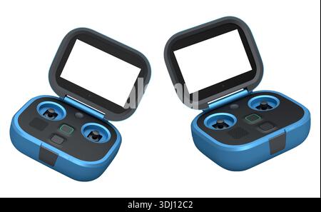 Flying photo and video yellow drone remote on white background. 3D rendering of device for delivery or aerial photography Stock Photo