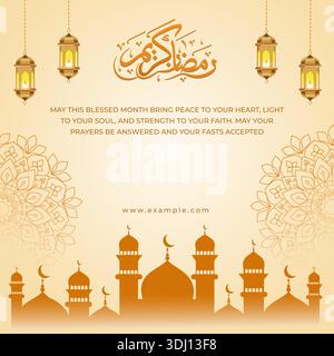 Ramadan Kareem Islamic Greeting Banner with Arabic Calligraphy Lanterns and Mosque Silhouette Stock Vector