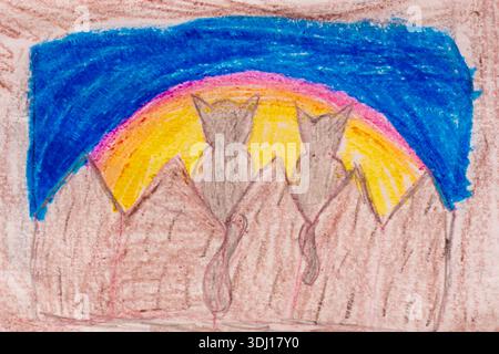 Backs of two cats with tails on fence looking at sunset made by child using created using wax crayons Stock Photo